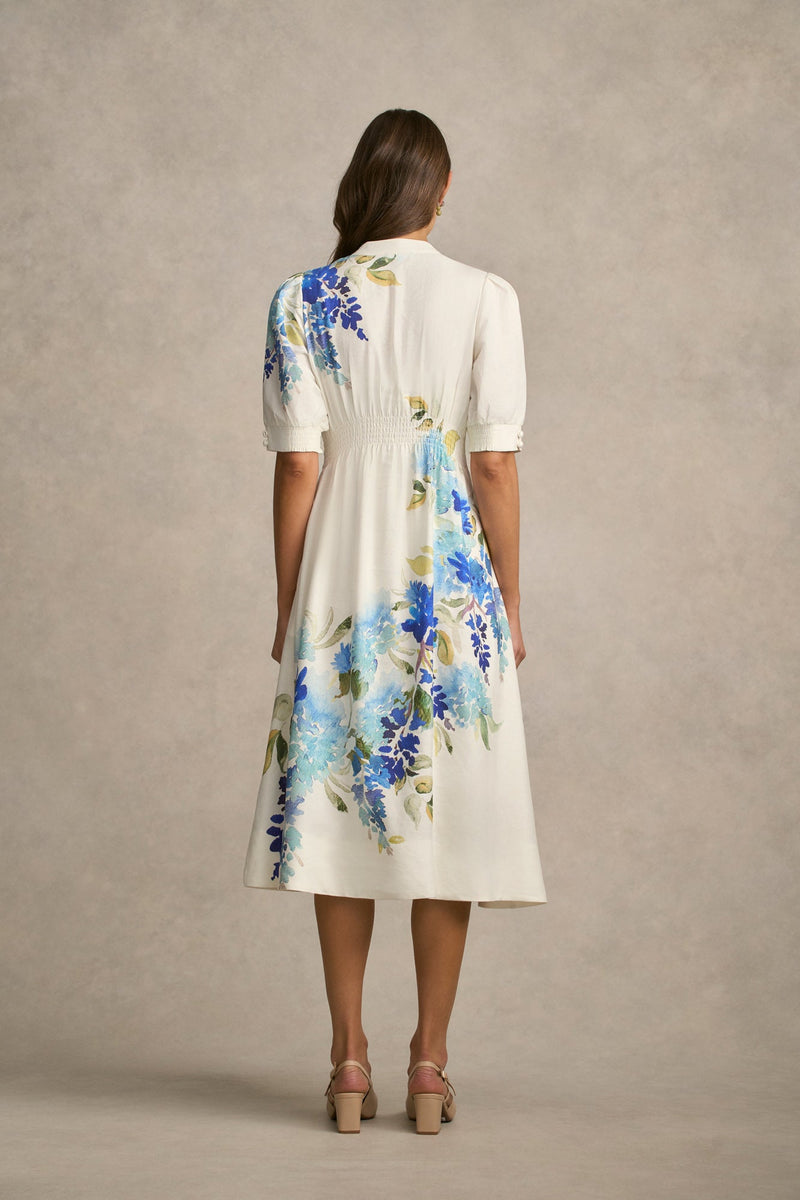 Pin Tuck Linen Dress - Watercolour Floral