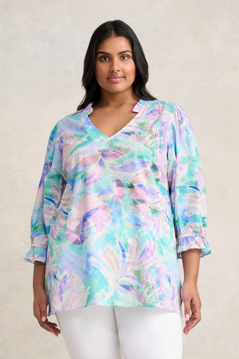 Embellished Cotton Kaftan - Watercolour Palm Print
