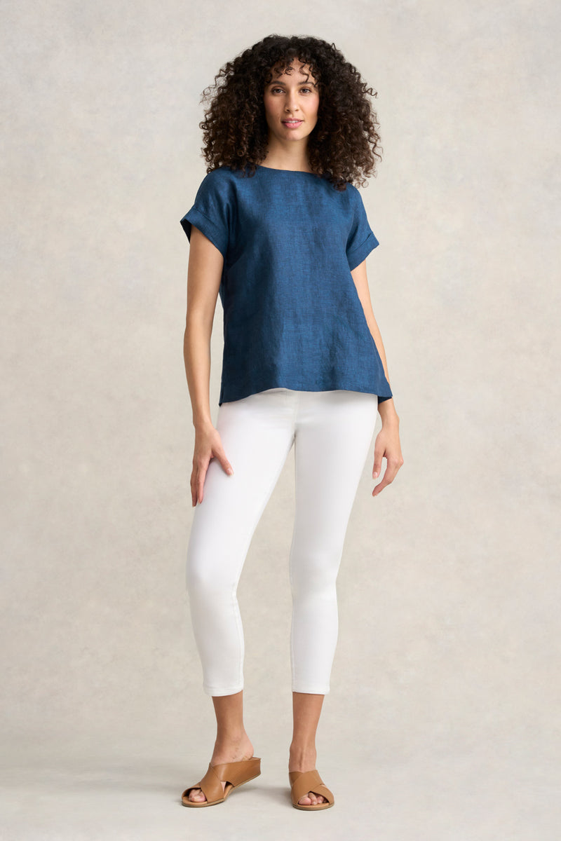 Linen Button Back Top - Navy Delave