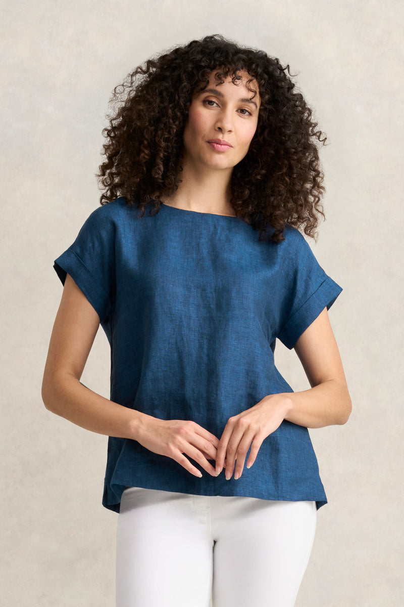Linen Button Back Top - Navy Delave