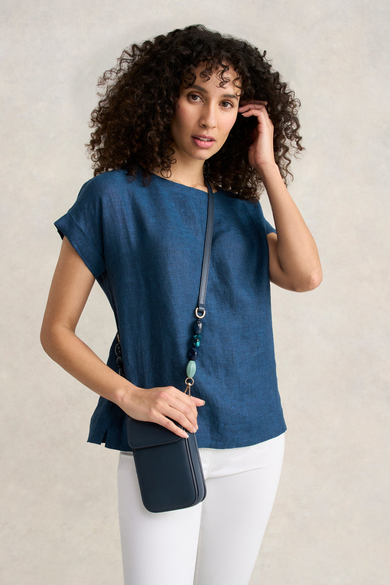 Linen Button Back Top - Navy Delave