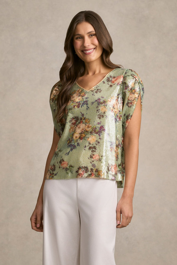 Printed Sequin Blouse - Vintage Floral Print