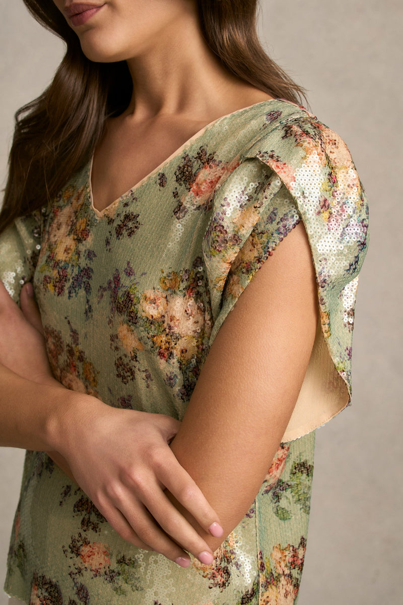 Printed Sequin Blouse - Vintage Floral Print