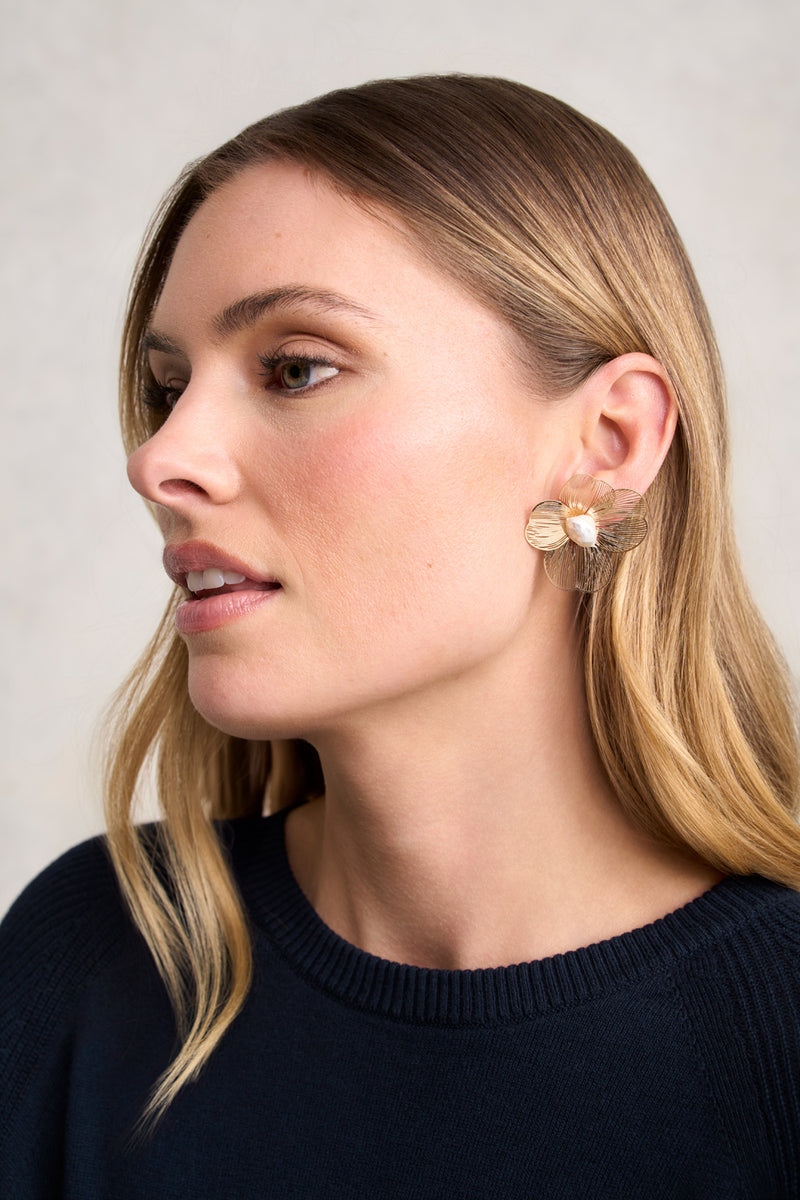Flower and Pearl Statement Studs - Gold