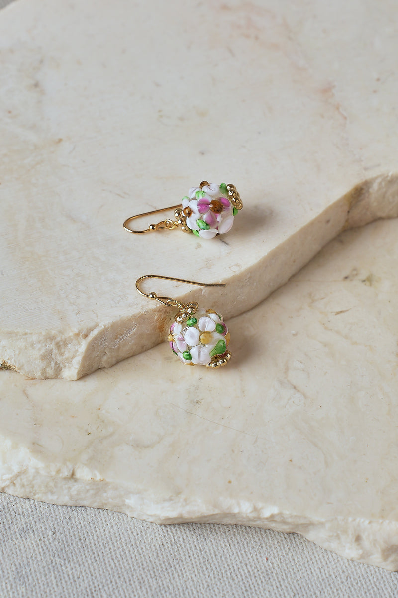 Floral Bead Earrings – White