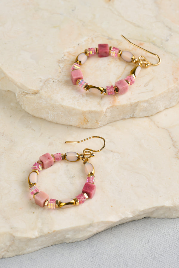 Beaded Circle Earrings - Pink