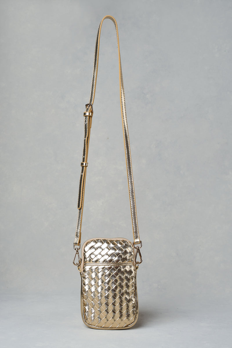 Woven Leather Phone Bag - Gold