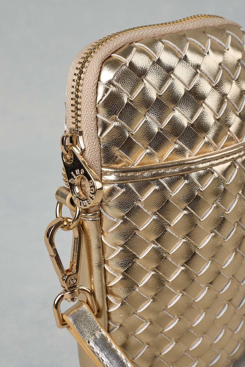 Woven Leather Phone Bag - Gold