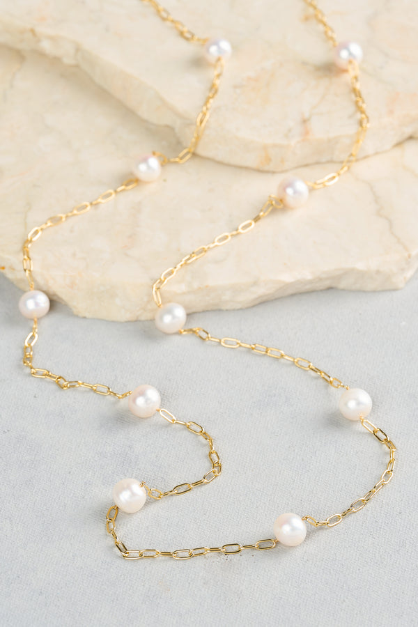 Pearl Chain Long Necklace - Gold