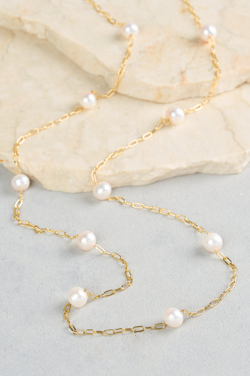 Pearl Chain Long Necklace - Gold