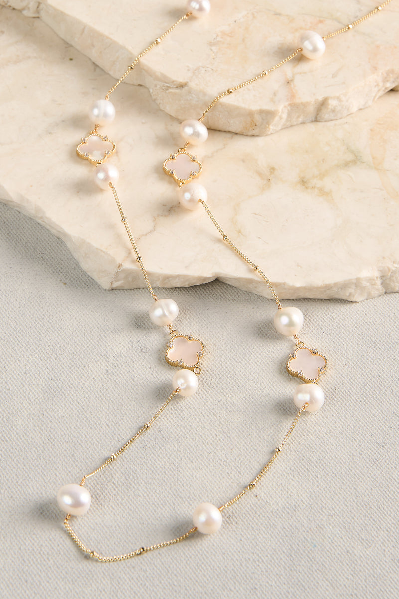 Long Pearl Clover Necklace - Mother of Pearl