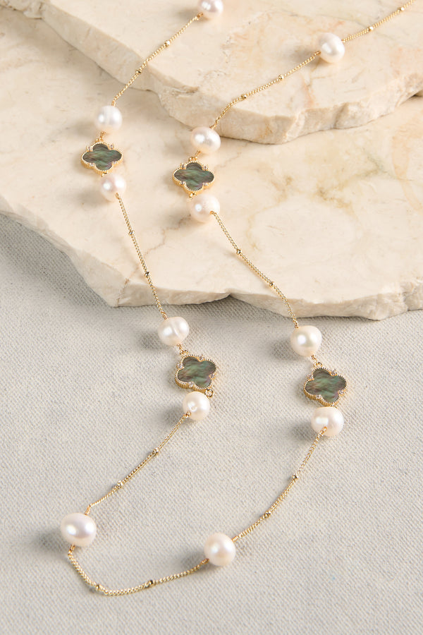 Long Pearl Clover Necklace -Black