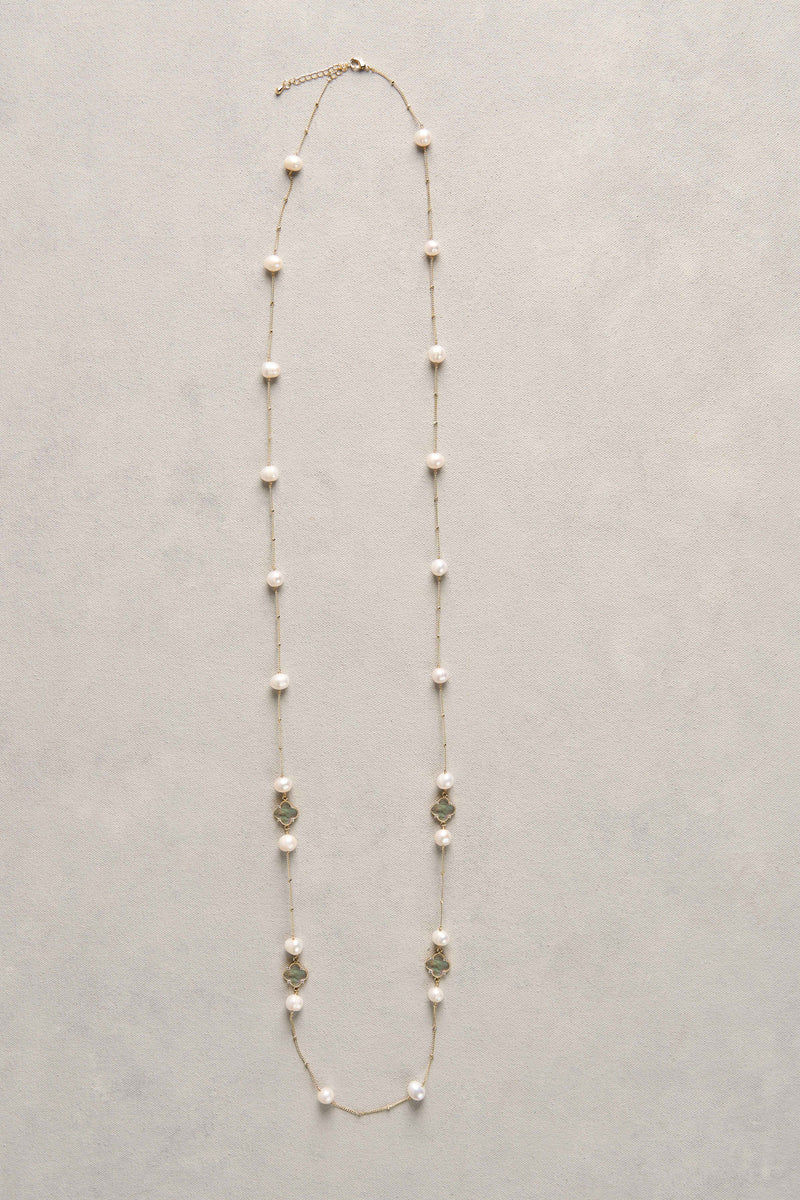 Long Pearl Clover Necklace -Black