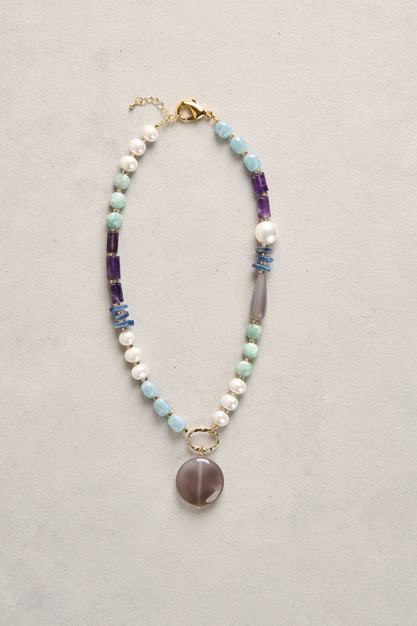 Mixed Bead Pendant Necklace - Blue Multi
