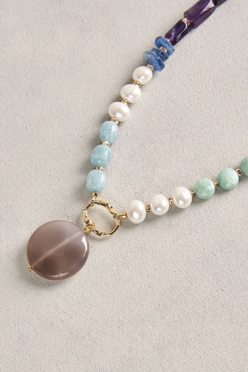 Mixed Bead Pendant Necklace - Blue Multi