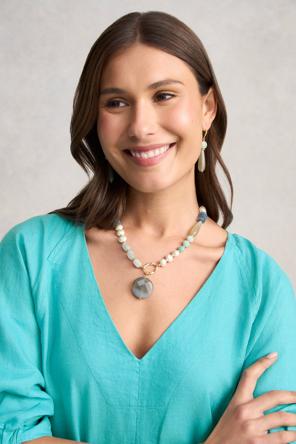 Mixed Bead Pendant Necklace - Blue Multi