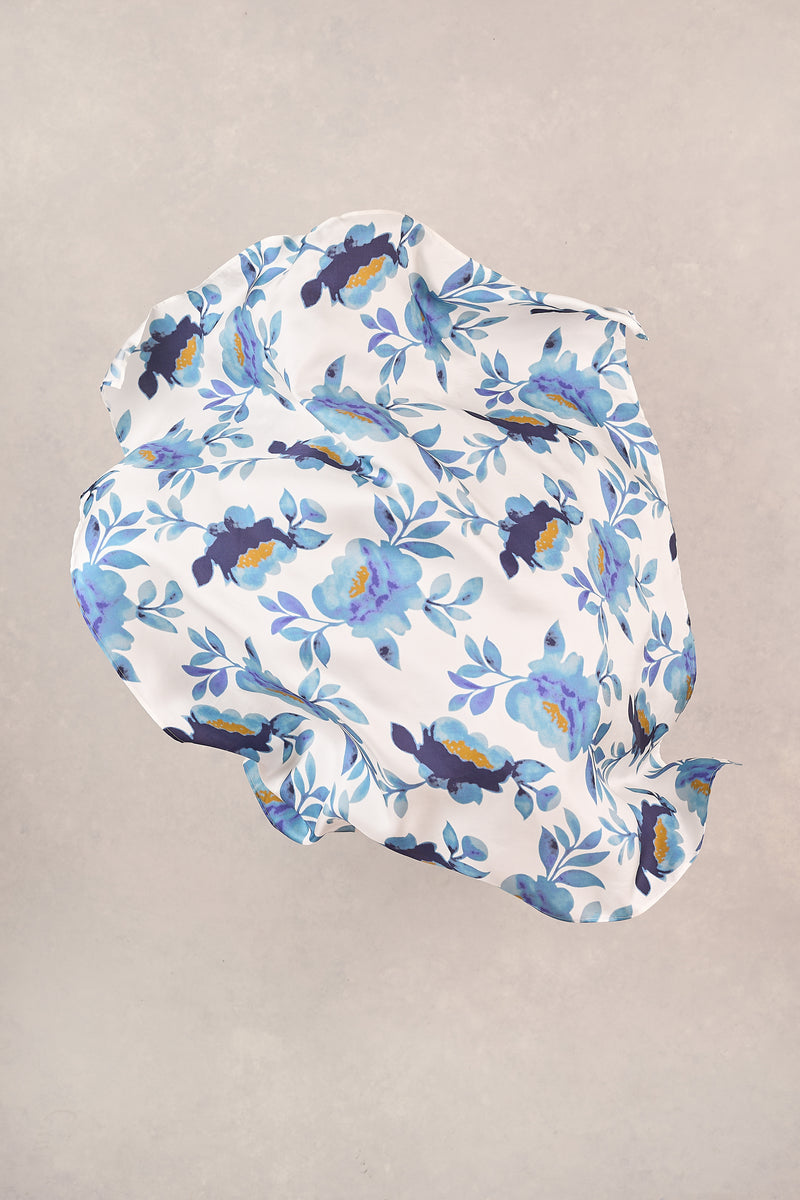 Floral Stamp Silk Scarf - Cobalt