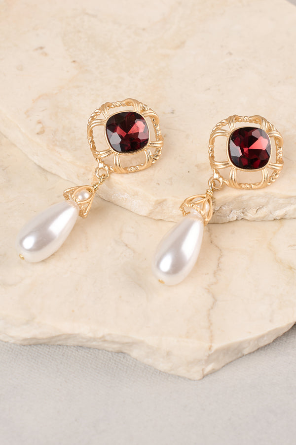Gem & Pearl Drop Earrings - Gold