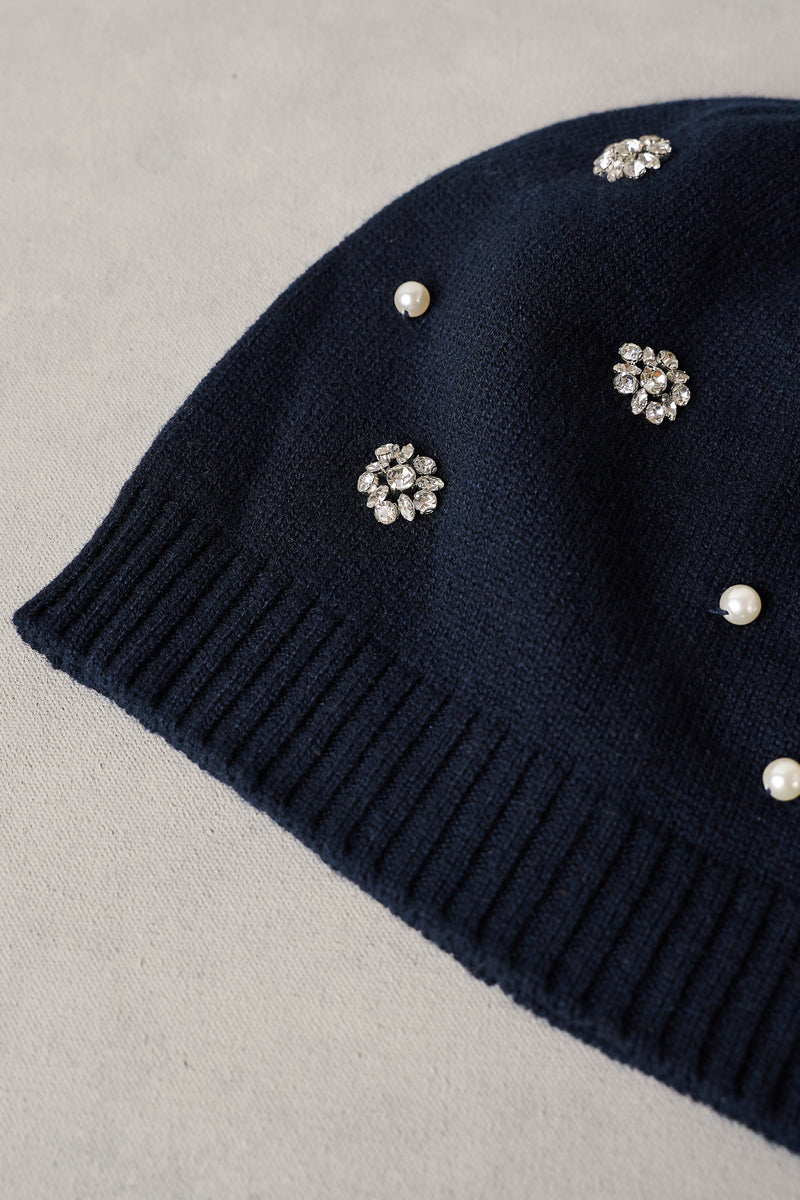 Diamante Embellished Beanie - Navy