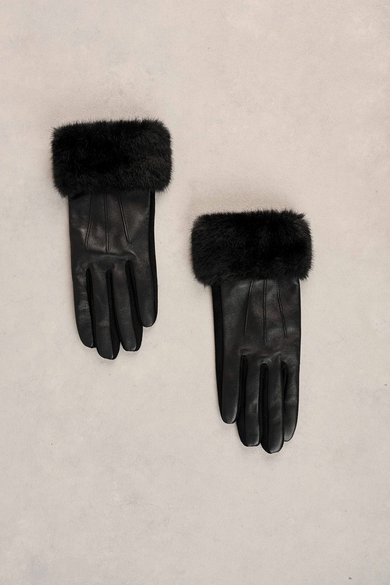 Faux Fur Trim Leather Gloves - Black