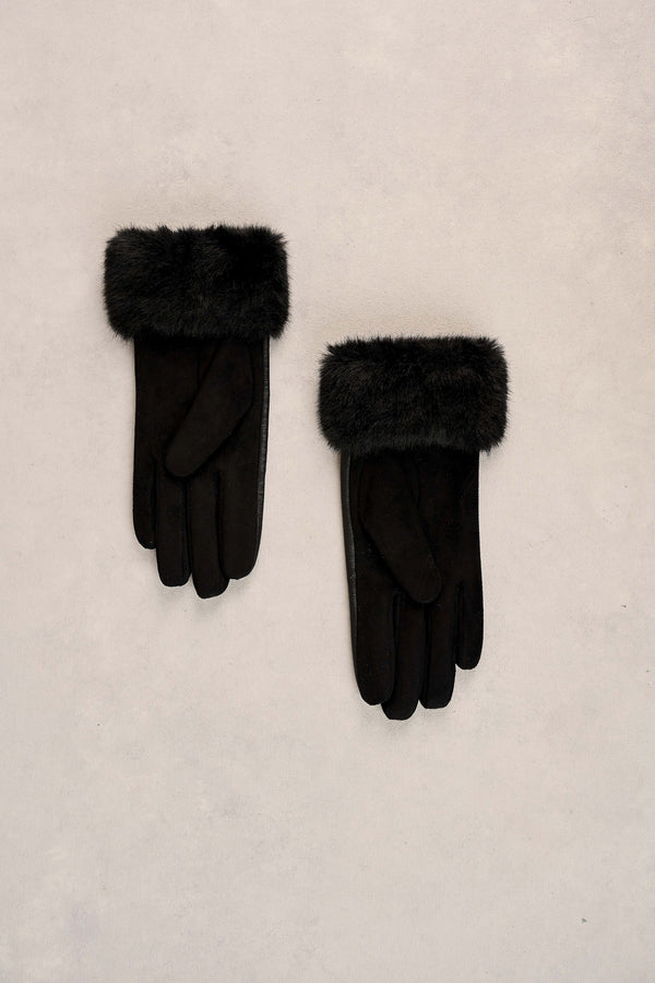 Faux Fur Trim Leather Gloves - Black