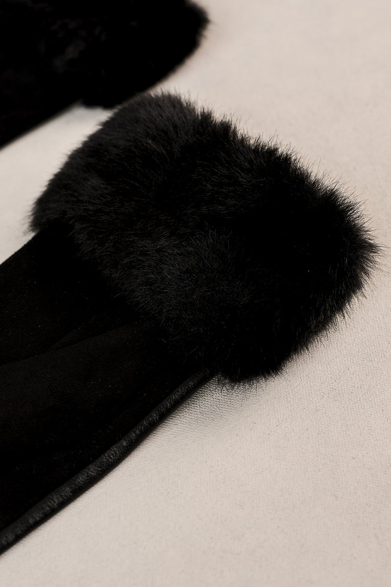 Faux Fur Trim Leather Gloves - Black