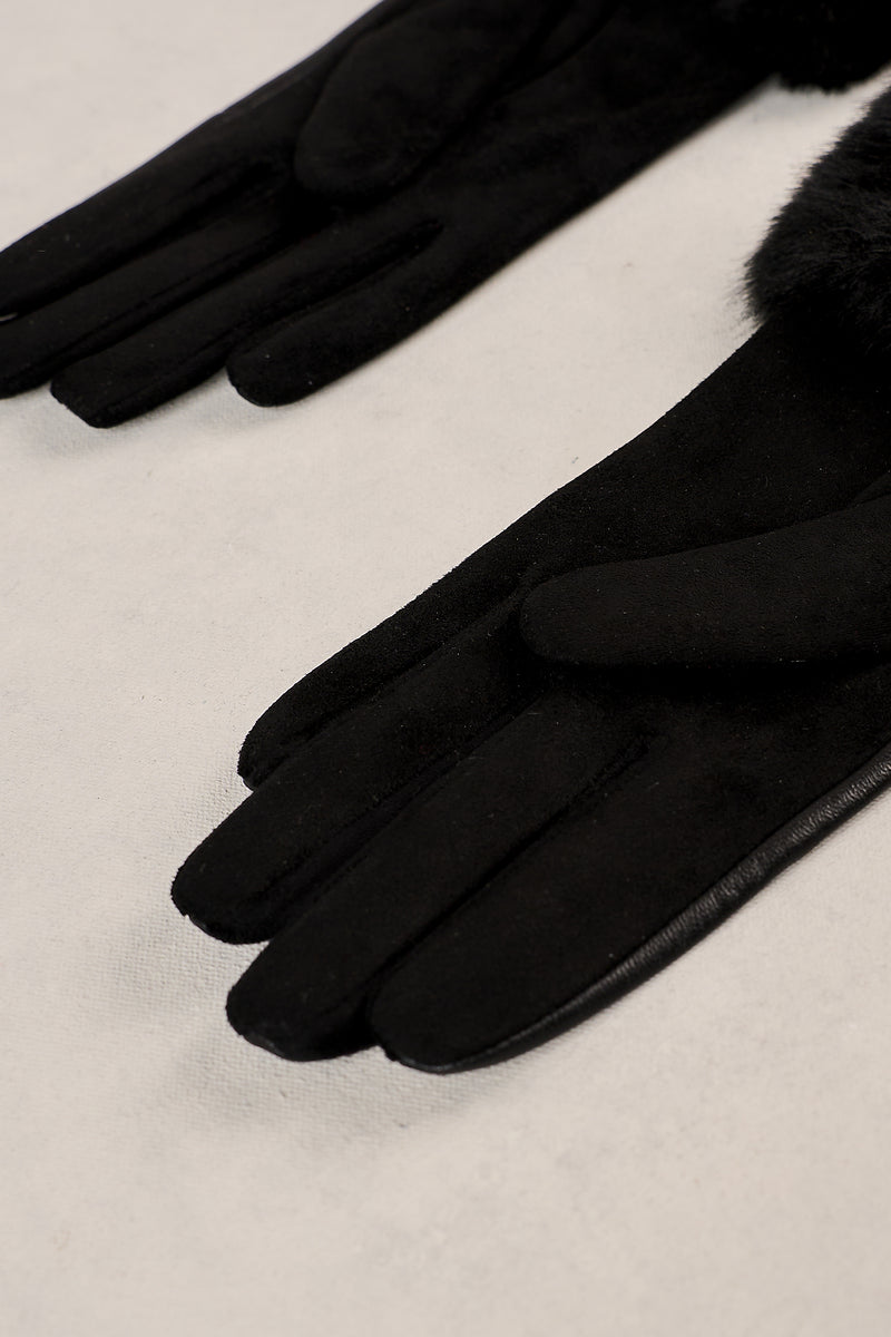 Faux Fur Trim Leather Gloves - Black
