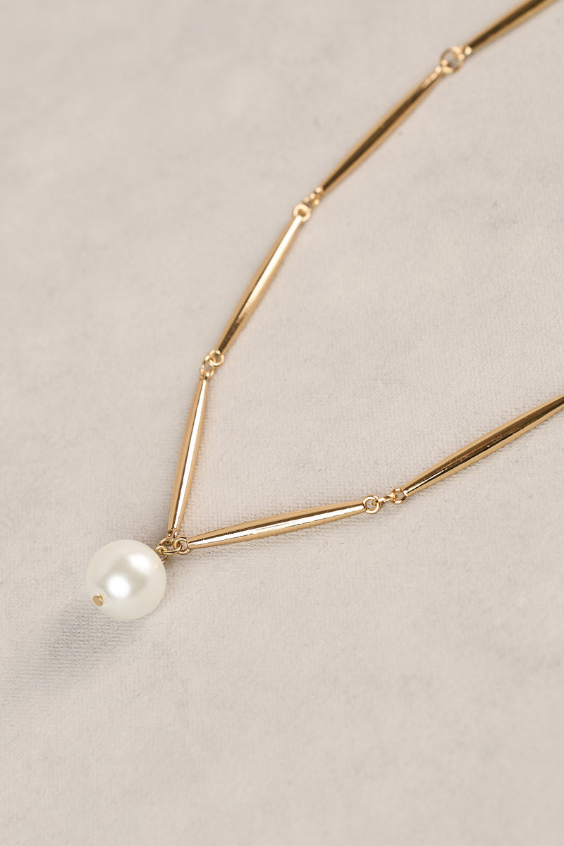 Bar Chain Pearl Necklace - Gold