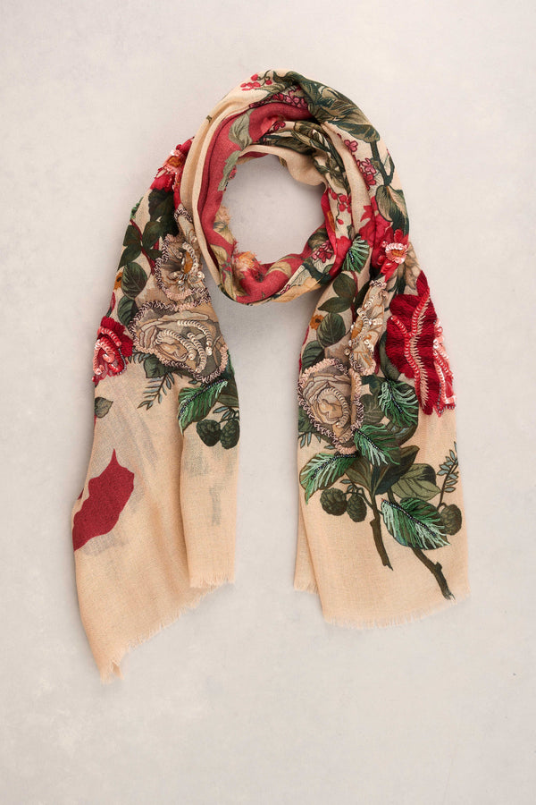 Embellished Floral Wool Scarf - Multicolour