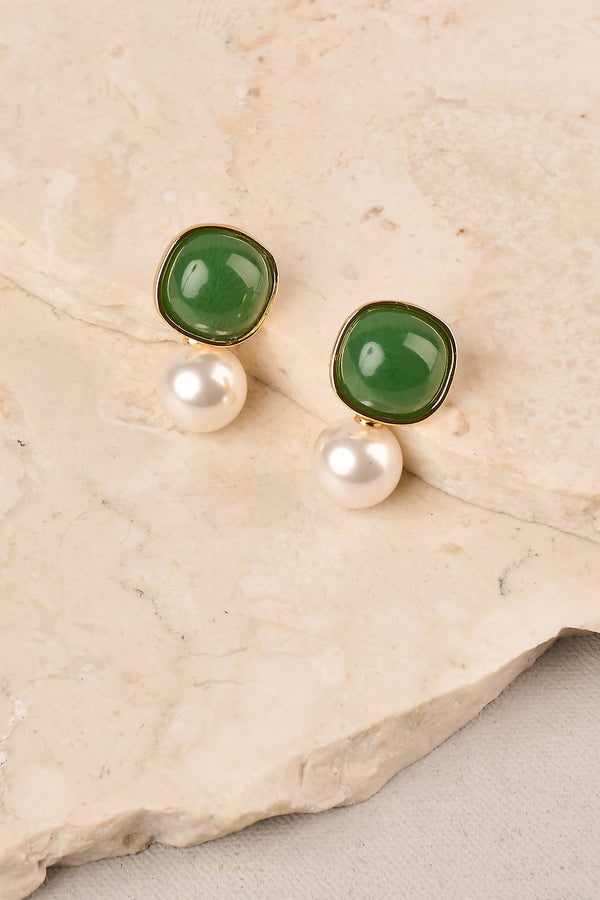Pearl Drop Earrings - Green