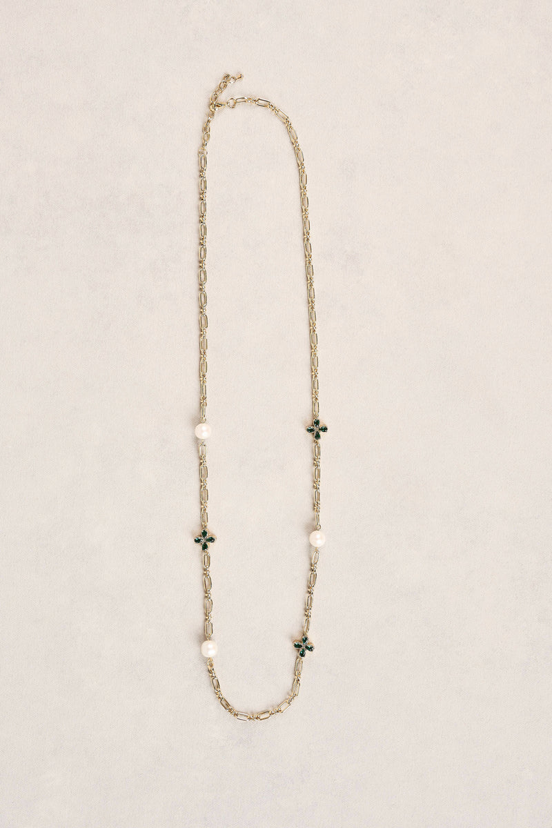 Long Pearl Link Clover Necklace - Green