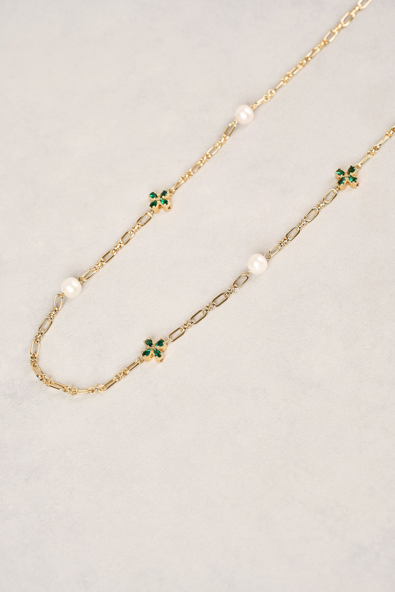 Long Pearl Link Clover Necklace - Green