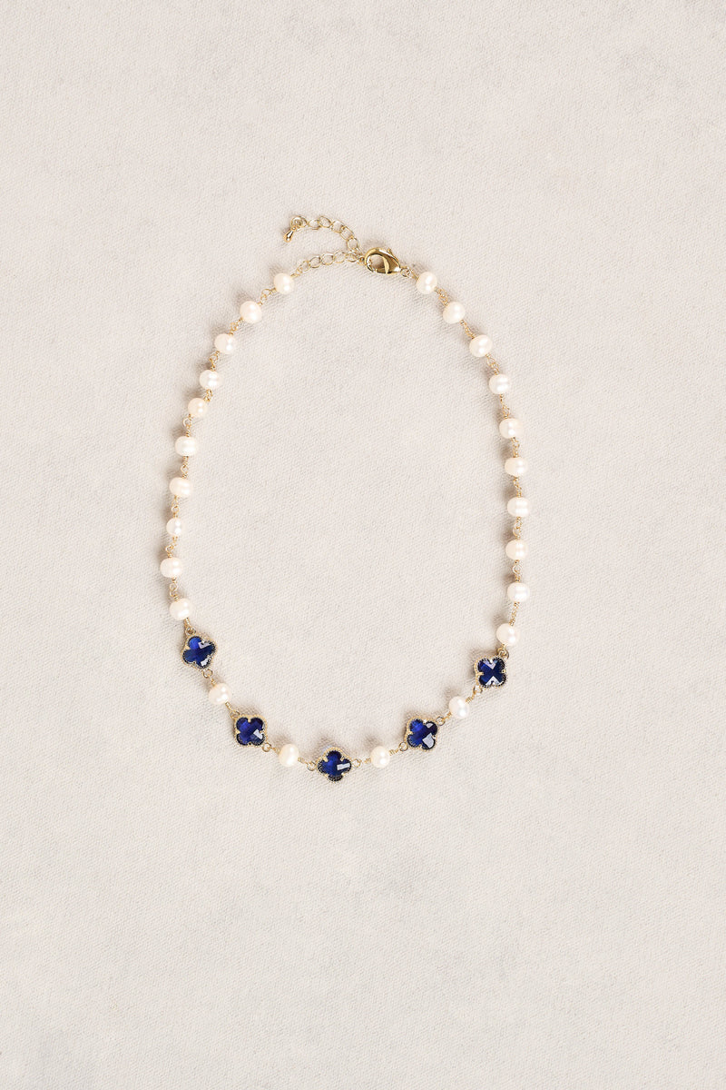Long Pearl Link Clover Necklace - Green