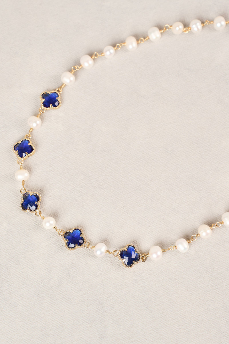 Long Pearl Link Clover Necklace - Green