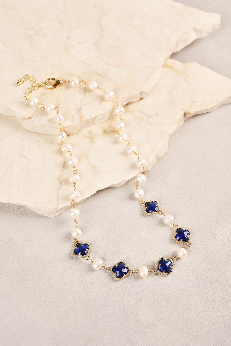 Long Pearl Link Clover Necklace - Green