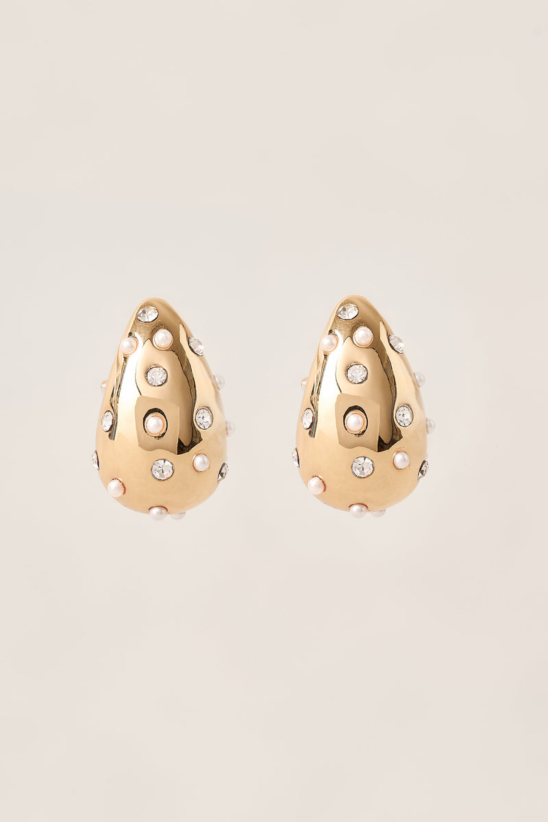 Pearl & Diamante Teardrop Studs - Gold