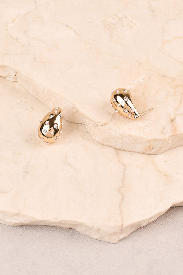Pearl & Diamante Teardrop Studs - Gold