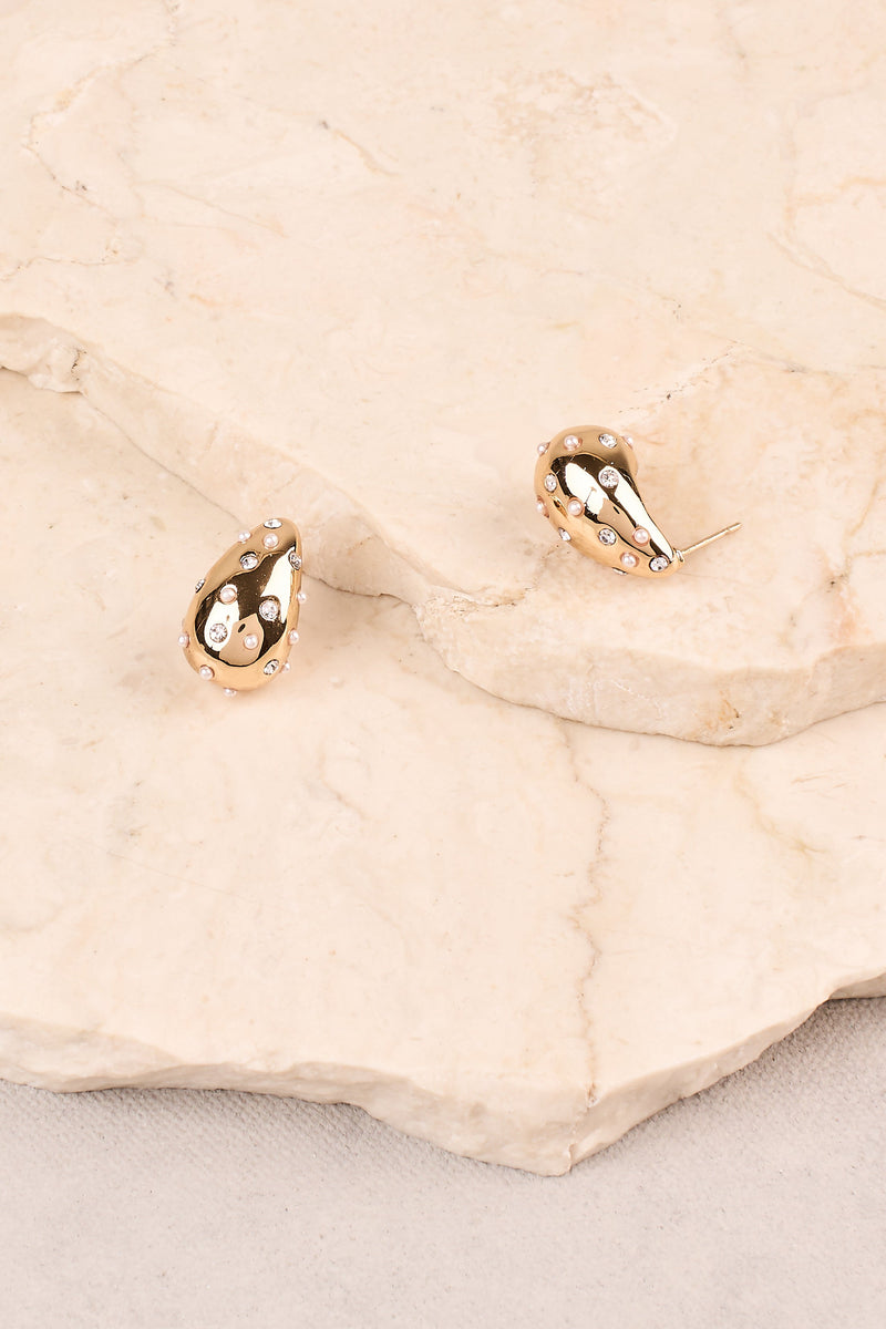 Pearl & Diamante Teardrop Studs - Gold
