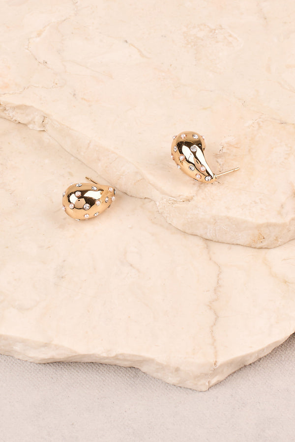 Pearl & Diamante Teardrop Studs - Gold
