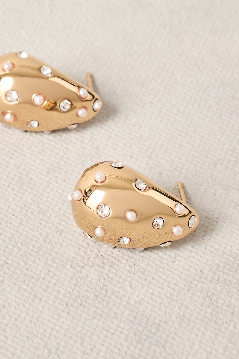 Pearl & Diamante Teardrop Studs - Gold