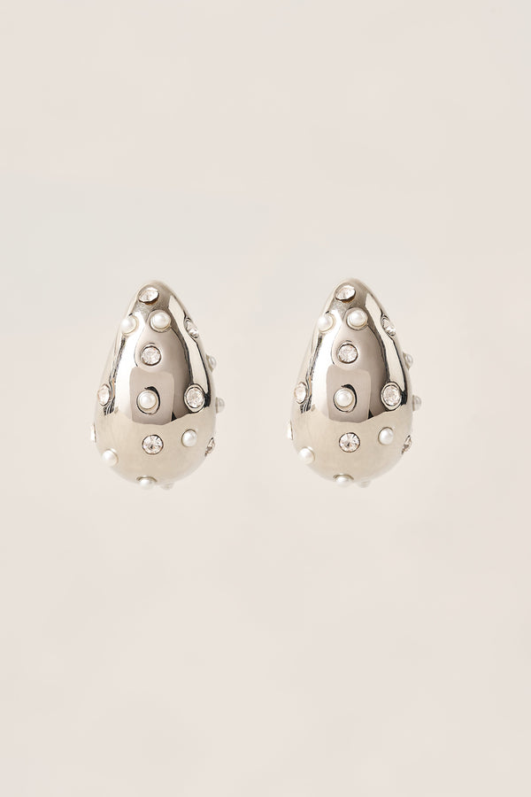 Pearl & Diamante Teardrop Studs - Silver