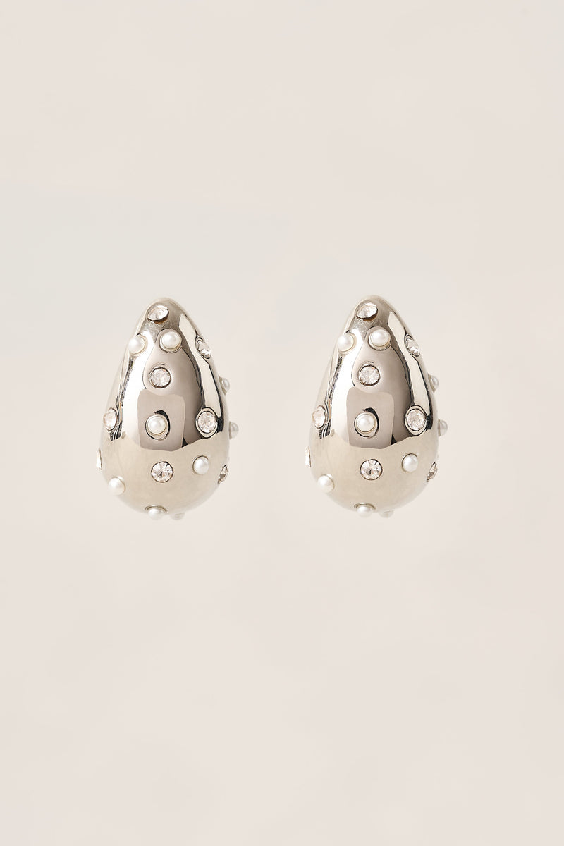 Pearl & Diamante Teardrop Studs - Silver