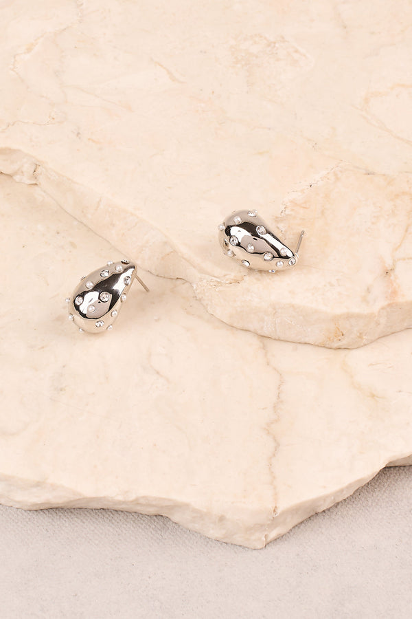 Pearl & Diamante Teardrop Studs - Silver