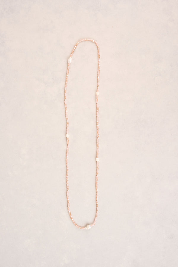 Long Square Beads Pearl Necklace - Dusty Pink