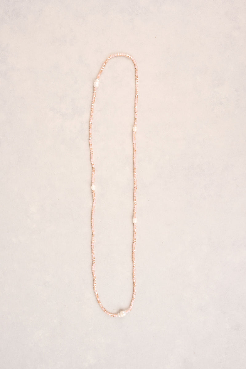 Long Square Beads Pearl Necklace - Dusty Pink