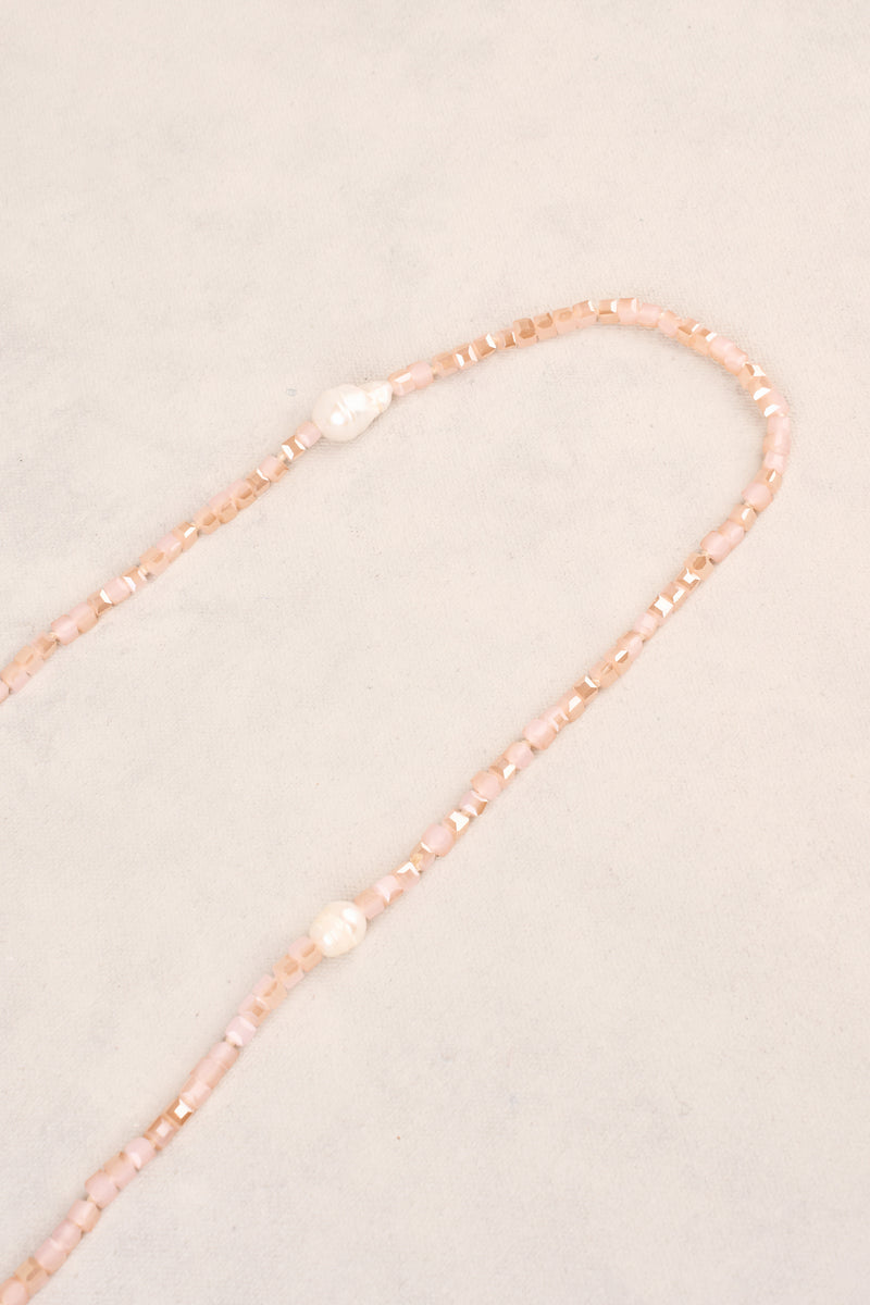 Long Square Beads Pearl Necklace - Dusty Pink