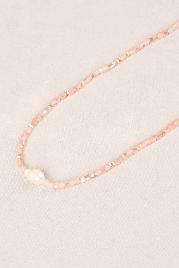 Long Square Beads Pearl Necklace - Dusty Pink