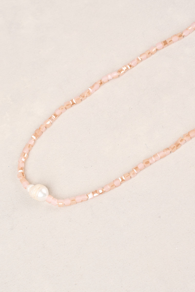 Long Square Beads Pearl Necklace - Dusty Pink