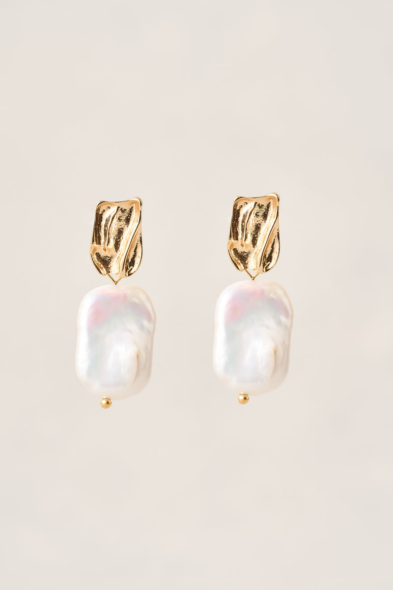 Textured Drop Pearl Earrings - Gold