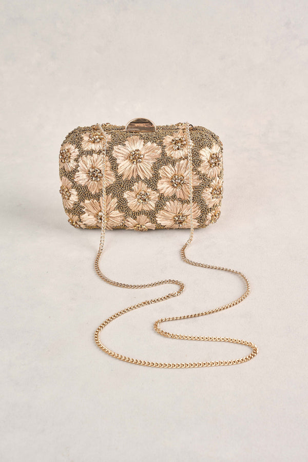 Flower Embellished Clutch - Gold